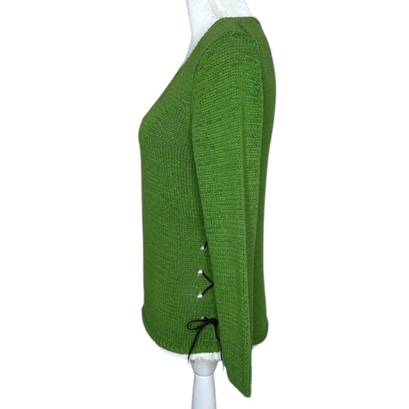 Finity Studio Green Acrylic Cotton V-neck Long Sleeve Leather Laced Sides Sz M - Picture 5 of 11